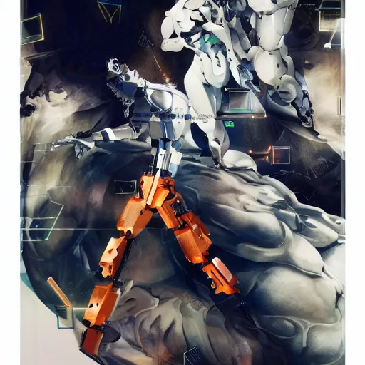 Prompt: the robots orion and sirius, nature and void, ego and id, form and function, bird and wolf ; both were disconnected from the simulation machine by a human virus, anime poster by yoji shinkawa and stina persson and raoul ruiz