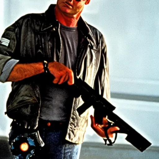Prompt: bill murray plays the terminator, movie still, promotional shot