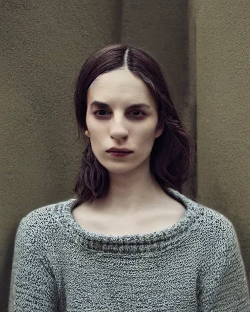 Prompt: hila klein, wearing a knitted woolen blouse, modern fashion, half body shot, photo by greg rutkowski, female beauty, f / 2 0, symmetrical face, warm colors, depth of field