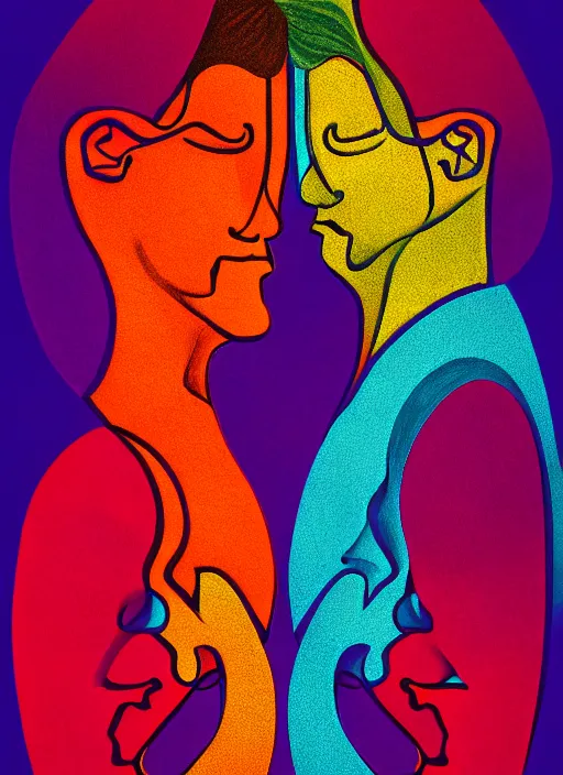 Image similar to 1 px color ink art by santiago calatrava, perfectly centered symmetrical balanced male and female portrait of man and woman in love sharing one heart. high coherence ; fractal geometrical 8 k ultra hd