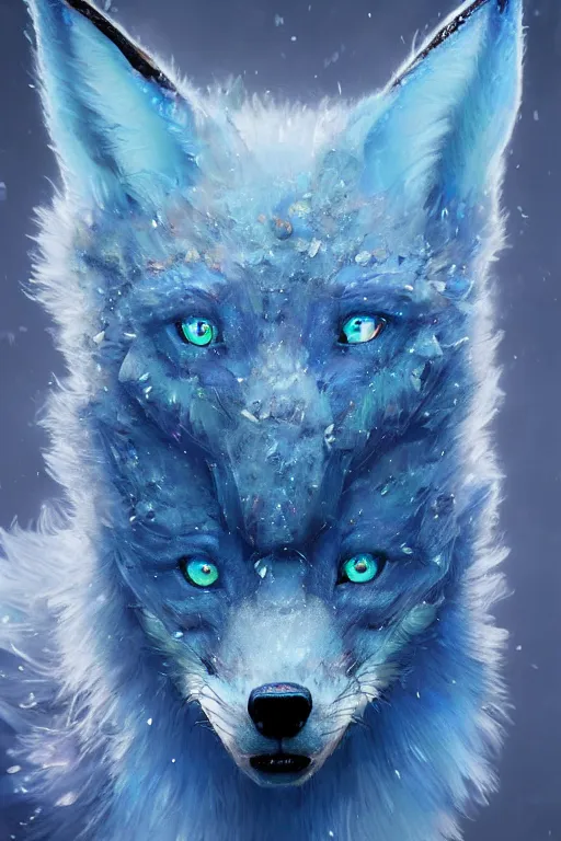 Image similar to A fancy portrait of a blue crystalized fox by Greg Rutkowski, beeple, Sung Choi, Mitchell Mohrhauser, Maciej Kuciara, Johnson Ting, Maxim Verehin, Peter Konig, final fantasy, macro lens, 35mm, 8k photorealistic, cinematic lighting, HD, high details, dramatic, dark atmosphere, trending on artstation