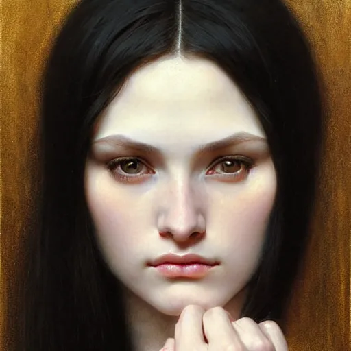 Image similar to portrait of a beautiful, pale skin, female with long black hair, dark, piercing eyes, gentle expression, elegant clothing, photorealistic, highly detailed, artstation, smooth, sharp focus, art by gustav klimt, artgerm, greg rutkowski and alphonse mucha