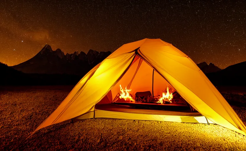 Image similar to night photography of a tent and fireplace with mountains in the background