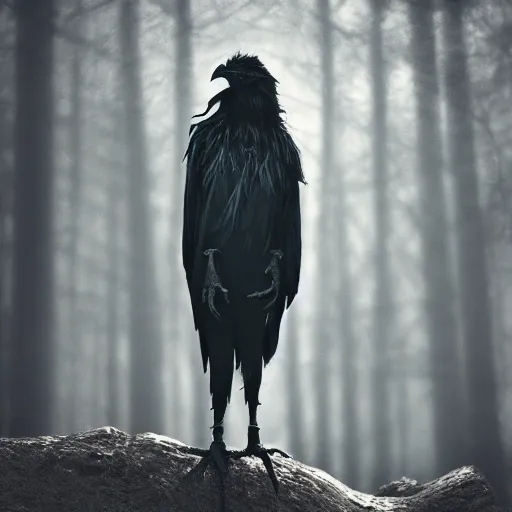 Image similar to werecreature consisting of a crow and a human, featured on artstation, photograph captured in a dark forest