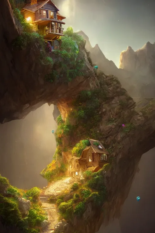 Image similar to a house floating with balloons, near the mountains and below is a deep canyon, dream core art, dynamic lighting, fantasy concept art, trending on art station, stunning visuals, creative, cinematic, ultra detailed