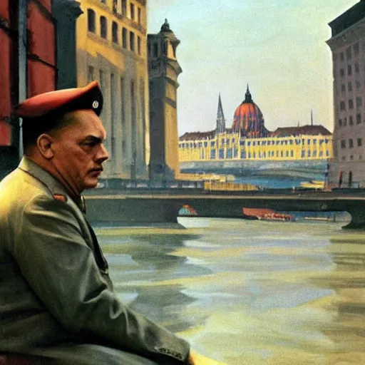 Image similar to leader of fascist hungary, viktor orban, overseeing the war torn city on the bank of danube river in budapest during the siege 1 9 4 5, by edward hopper