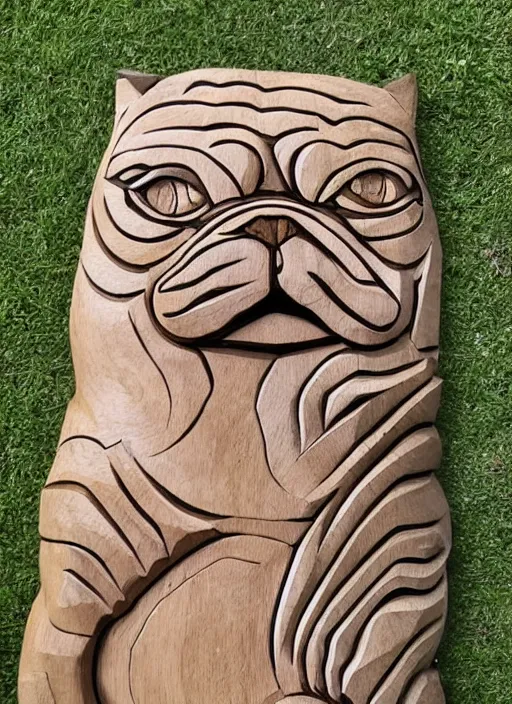 Image similar to wood carving of a pug squaring up to a large tabby cat