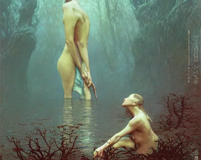 Image similar to the last sight before death by drowning, painted by zdzislaw beksinski and artgerm and greg rutkowski and alphonse mucha and rene laloux