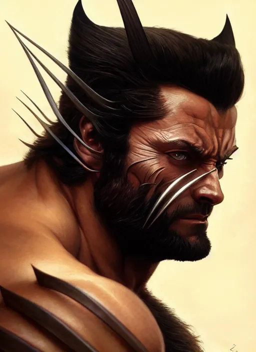 Prompt: Portrait of Wolverine, D&D, muscular, fantasy, intricate, elegant, highly detailed, digital painting, artstation, concept art, smooth, sharp focus, illustration, art by artgerm and greg rutkowski and alphonse mucha