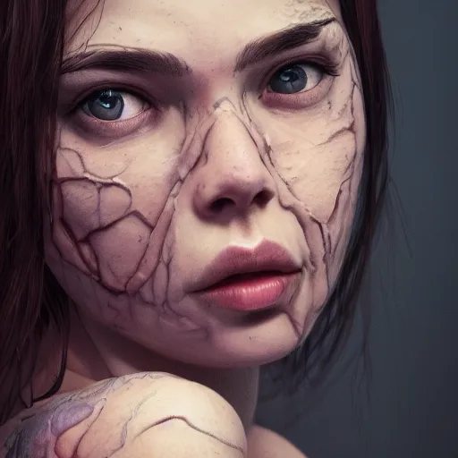 Prompt: close up of a young woman with skin over her eyes, hyperdetailed, artstation, cgsociety, 8k