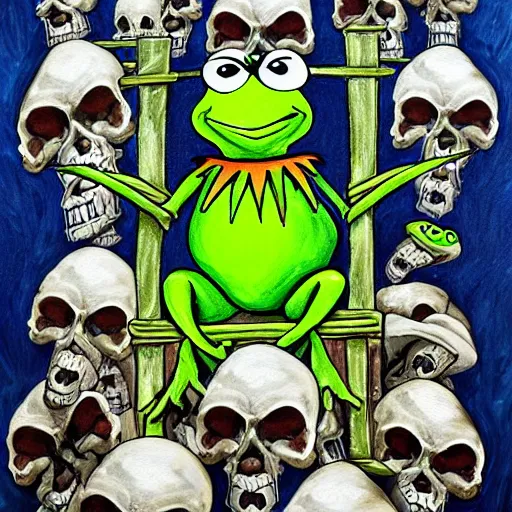 Prompt: Painting of Kermit the frog sitting on a throne made out of skulls. He owns this land and he knows it. All of you mortals should fear Kermit, the eater of souls.