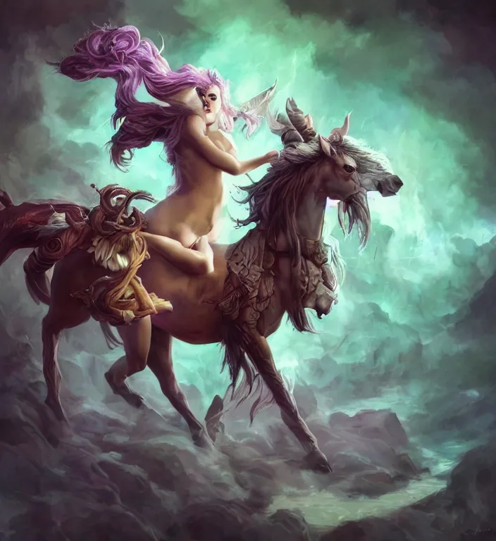 Prompt: a polaroid photo of, a majestic female centaur with white wings and with a horn on the forehead and purple hair and elf ears, backlit, strong rim light, highly detailed, digital painting, by Alvaro Castagnet + Peter Mohrbacher + Dan Mumford + vivid colors + high contrast, 8k resolution, intricate, photorealistic, smooth