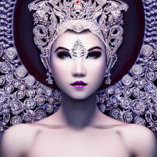 Image similar to portrait of wonderful asian princess of white diamond with fair skin, ornate with white diamonds, 8 k, gorgeous, intricate, hyper detailed, glowing white accent lighting, dramatic lighting, octane render