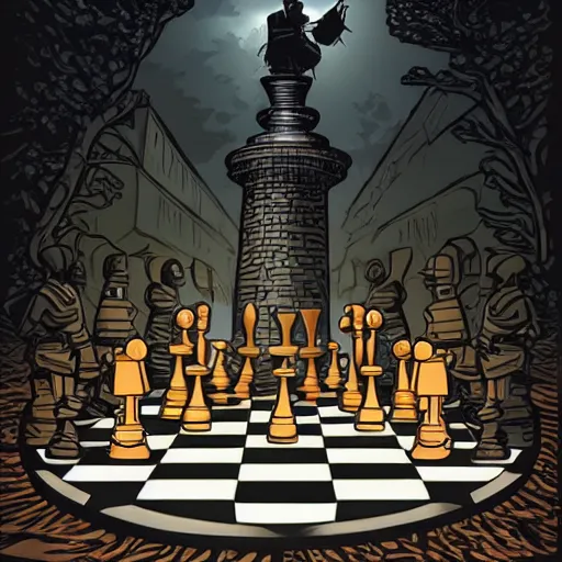 Image similar to a soldier stands beneath a giant chess piece, artwork by dan mumford