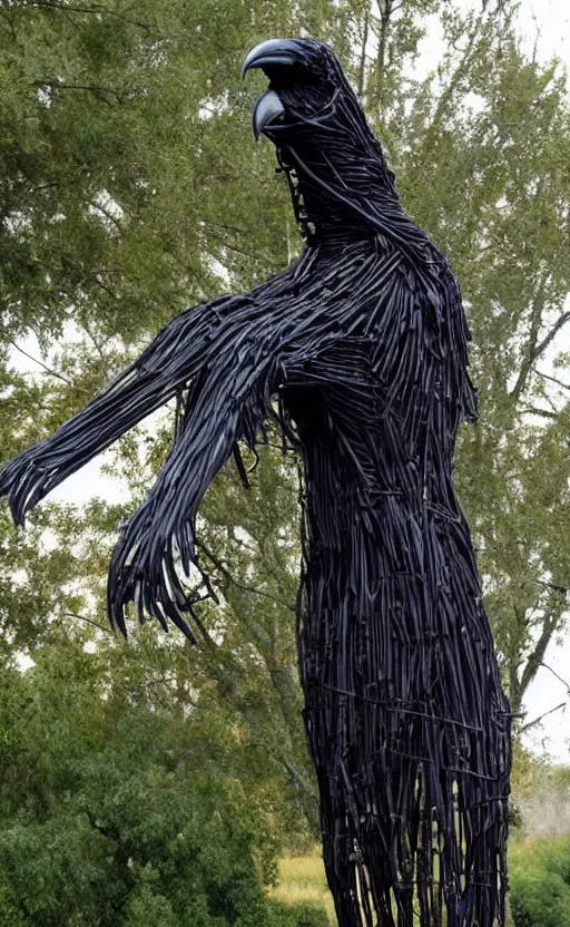 Image similar to imposing scary intricate raven outdoor sculpture made of oily cords