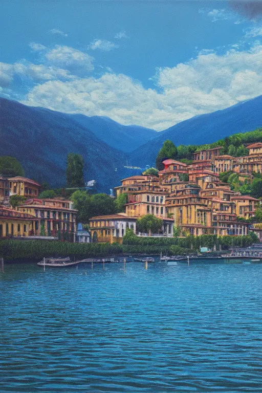 Image similar to Highly detailed oil painting of Lake Como, wide shot, daylight, blue sky, summer, dramatic lighting, award winning, highly detailed, medium format photography, cinestill 800t.