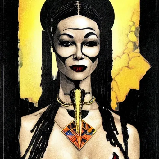 Image similar to thandiwe newton as the comic book character, death, a young and beautiful pale goth girl wearing a black vest and black punk hair, an ankh medallion hangs around her neck. dramatic makeup, the actress thandiwe newton, portrait by joshua middleton and coles phillips, kandinsky, egyptian iconography, film noir