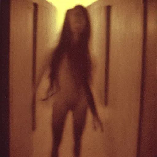 Image similar to Samara Morgan in the backrooms. Liminal. VHS found footage. Shaky, grainy.