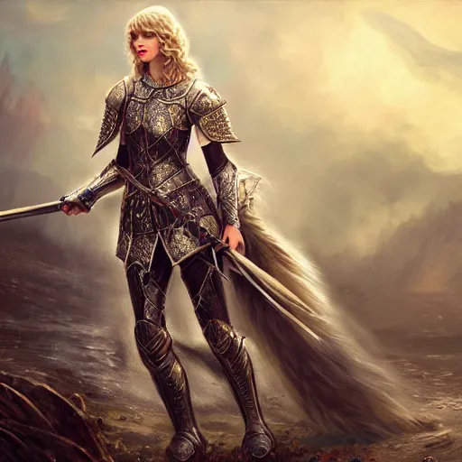 Image similar to the picture of taylor swift in a knight armor, epic fantasy art, mystical, mystic atmosphere, mythology, photo realistic, high detail, ultra realistic, hyper realistic, high definiton, 4 k uhd,