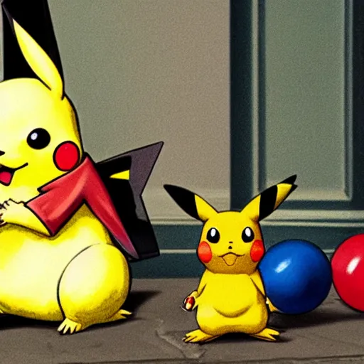 Prompt: a pikachu sitting next to a bag of marbles in an alley, baroque painting, closeup