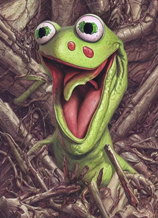 Image similar to portrait of Kermit the frog in Evil Dead (2013), highly detailed, centered, solid color background, digital painting, artstation, concept art, smooth, sharp focus, illustration, artgerm, donato giancola, Joseph Christian Leyendecker, Les Edwards, Ed Repka, WLOP