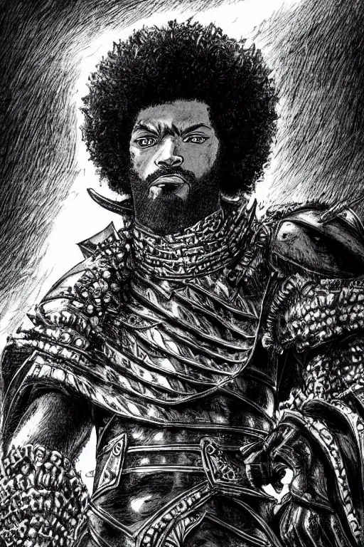 Image similar to black man with afro hair and raspy beard stubble as a knight, highly detailed, anatomically correct, black and white, manga, art by kentaro miura