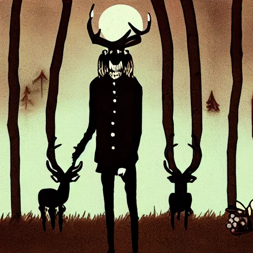 Prompt: creepy screenshot from rusty lake, man wearing a deer skull, dark, disturbing, ominous