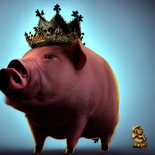 Image similar to A pig wearing a crown, 8k, Artstation, epic illustration, dramatic lighting