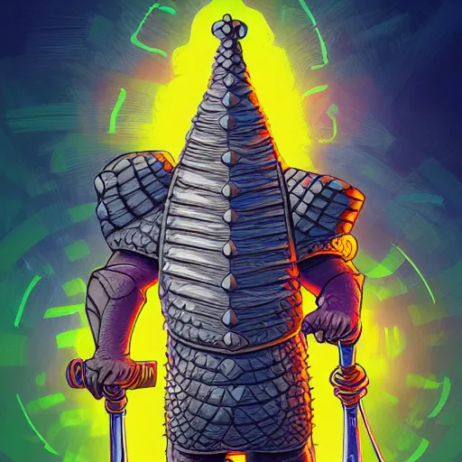 Prompt: fluorescent ultra-detailed anthropomorphic armadillo with a sword and a magic staff, by dan mumford, 4k HD, artstation HD