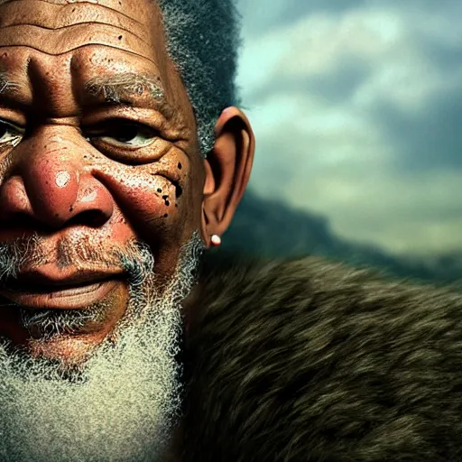 Image similar to morgan freeman starring as gimli in lord of the rings, full body, high detail shot, smoking, render, cgsociety, photorealism