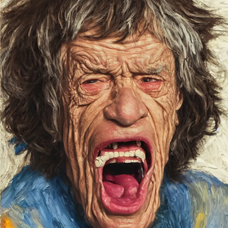 Image similar to warmly lit close up studio portrait of very old furiously angry!! Mick Jagger age 115 angrily singing, impasto oil painting thick brushstrokes by Cy Twombly and Lucian Freud and Tim Hawkinson , trending on artstation dramatic lighting Expressionism
