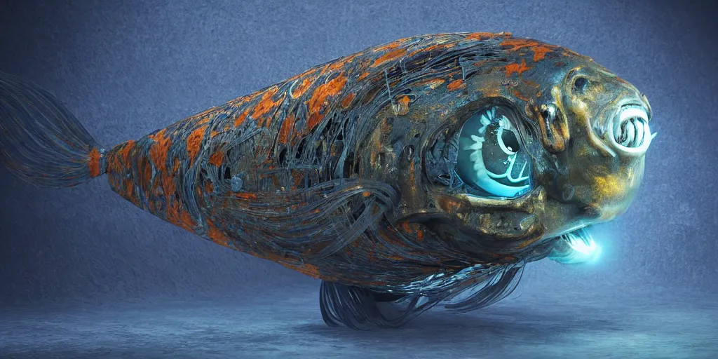 Image similar to goldfish, stylized layered textures, long flowing fins, bioluminescent orbs, 3 d render, substance painter, glowing eye, smooth, sharp focus, art by h r giger