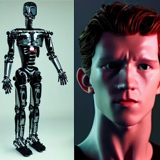 Image similar to “a realistic detailed photo of a guy who is the terminator robot, a cyborg consisting of living tissue over a robotic endoskeleton, who is a male android, Tom Holland, posing like a statue, blank stare”