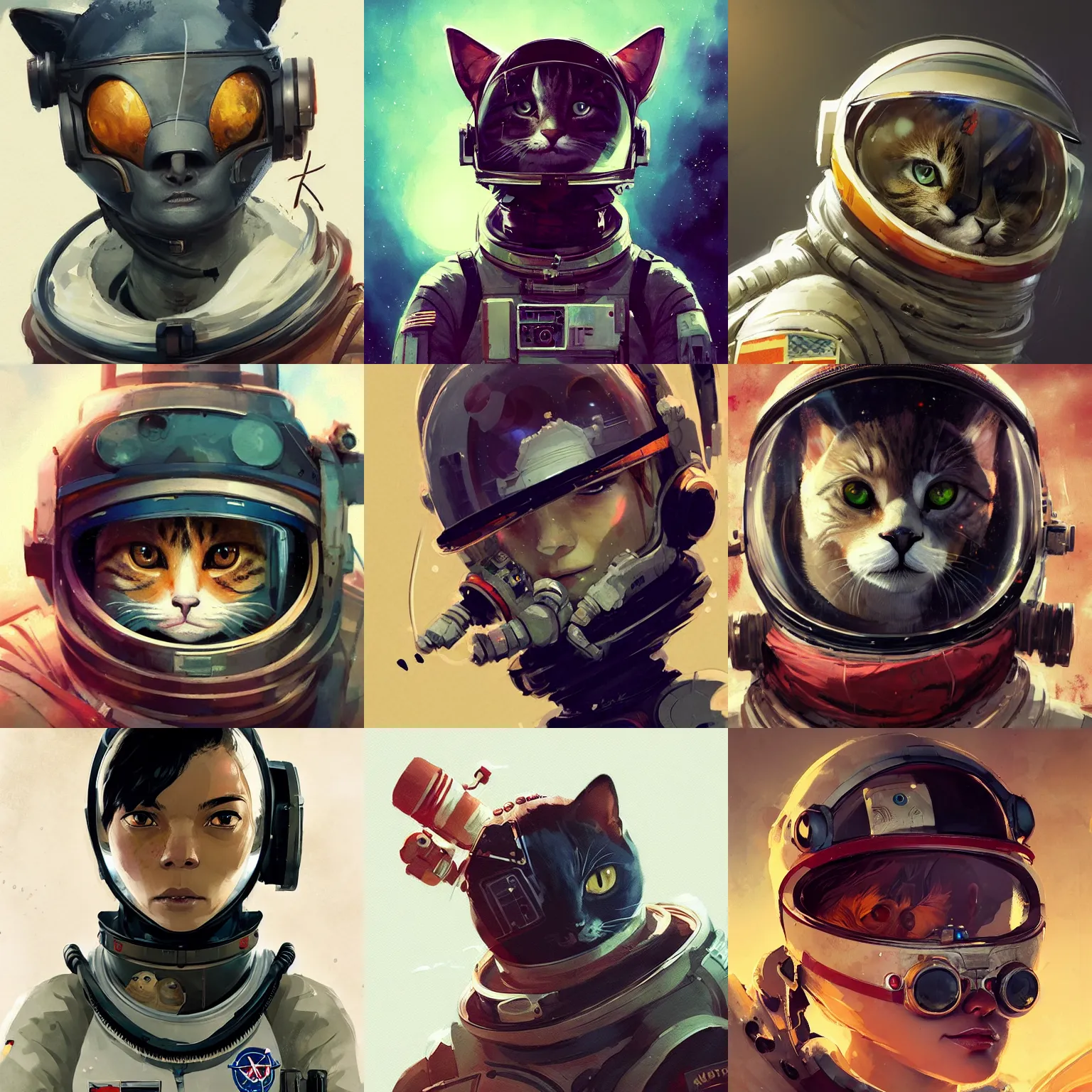 Prompt: highly detailed portrait of a young astronaut cat, by Dustin Nguyen, Akihiko Yoshida, Greg Tocchini, Greg Rutkowski, Cliff Chiang, 4k resolution, Tessa Thompson inspired, drakenguard inspired, dishonored inspired, vibrant but dreary but upflifting