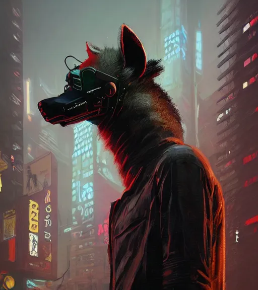 Image similar to new york city portrait of furry anthro anthropomorphic spotted hyena head animal person fursona wearing clothes strange cybernetic muzzle gloomy rainy screenshot from the video game cyberpunk 2077 digital art by Greg Rutkowski, Simon Stalenhag, christopher nolan trending on Artstation, CGSociety