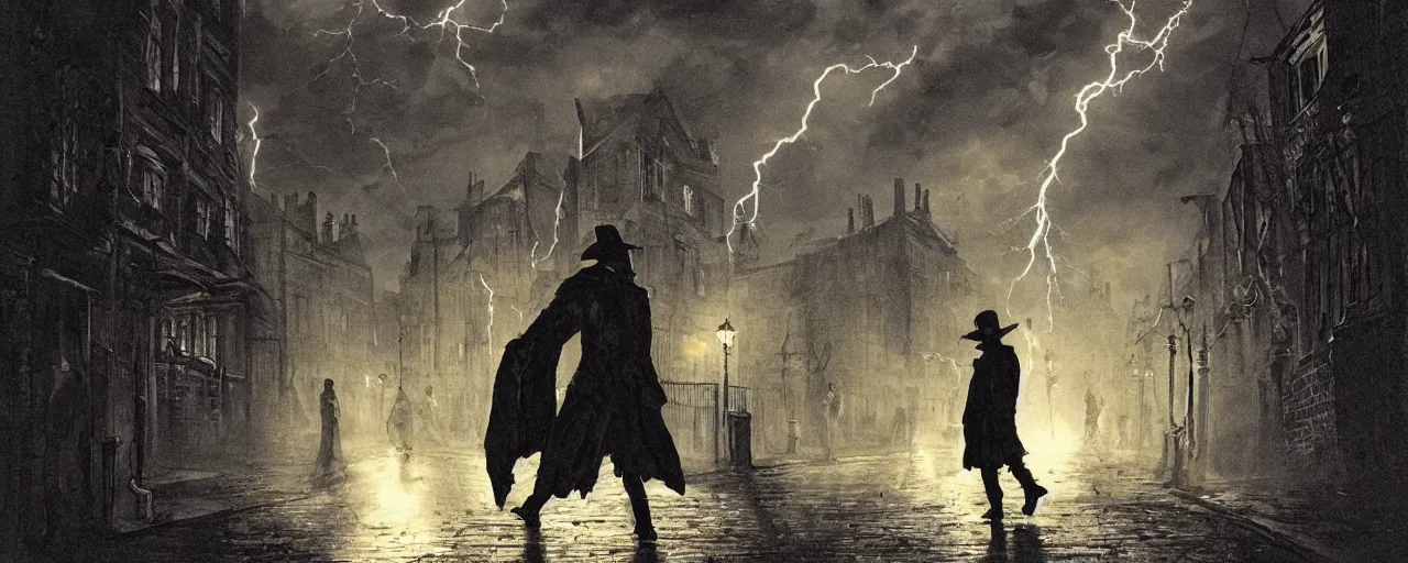 Image similar to Jack the ripper lurking at an innocent victim, 18th century London, streets, horror theme, detailed, elegant, intricate, cinematic lightning