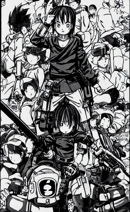 Prompt: manga, monochromatic, toriyama akira, the soldier girl character is talking