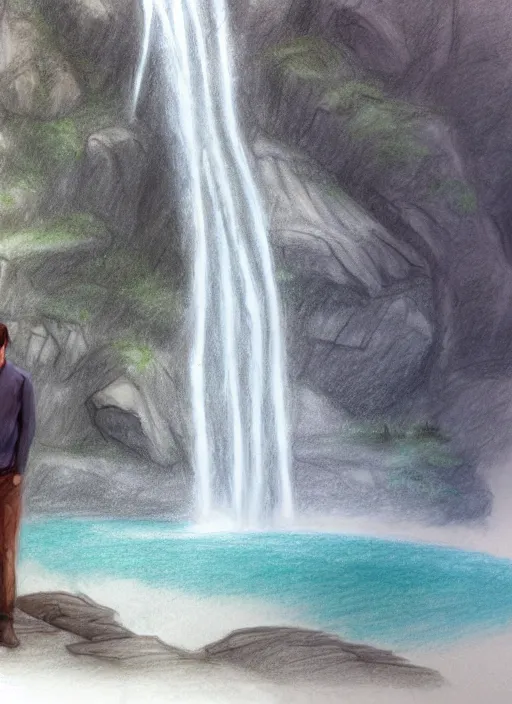 Image similar to a drawing of a man standing in front of a waterfall, concept art by senior environment artist, featured on deviantart, environmental art, concept art, official art, 2 d game art