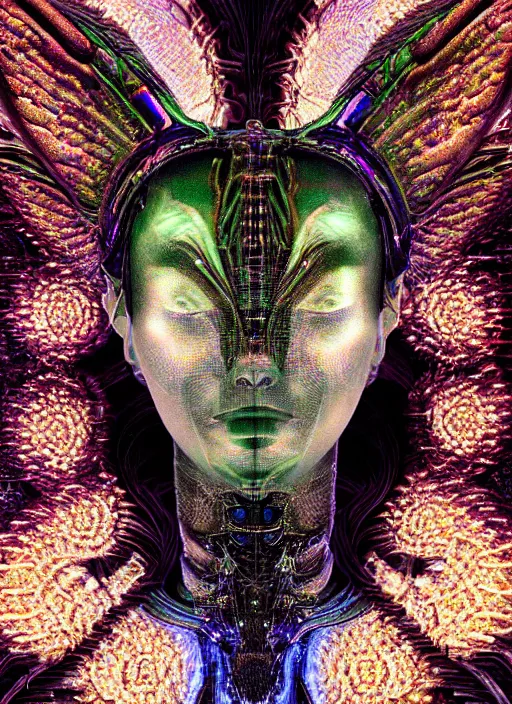 Image similar to a hybrid humanoid androgyne muse with recursive horned wings attached to side of head, concept art, alien-like, sculpted iridescent optical mineralogy features, intricate detail, holographic, pixel sorting, style by James Jean, circuitry, organic detail, asymmetry, cinematic, epic wide shot, ultra detailed, artstation, sharp focus,smooth, cinematic lighting, cinematic detail, composition, photorealistic, render in unreal engine 5, golden ratio, 8k render