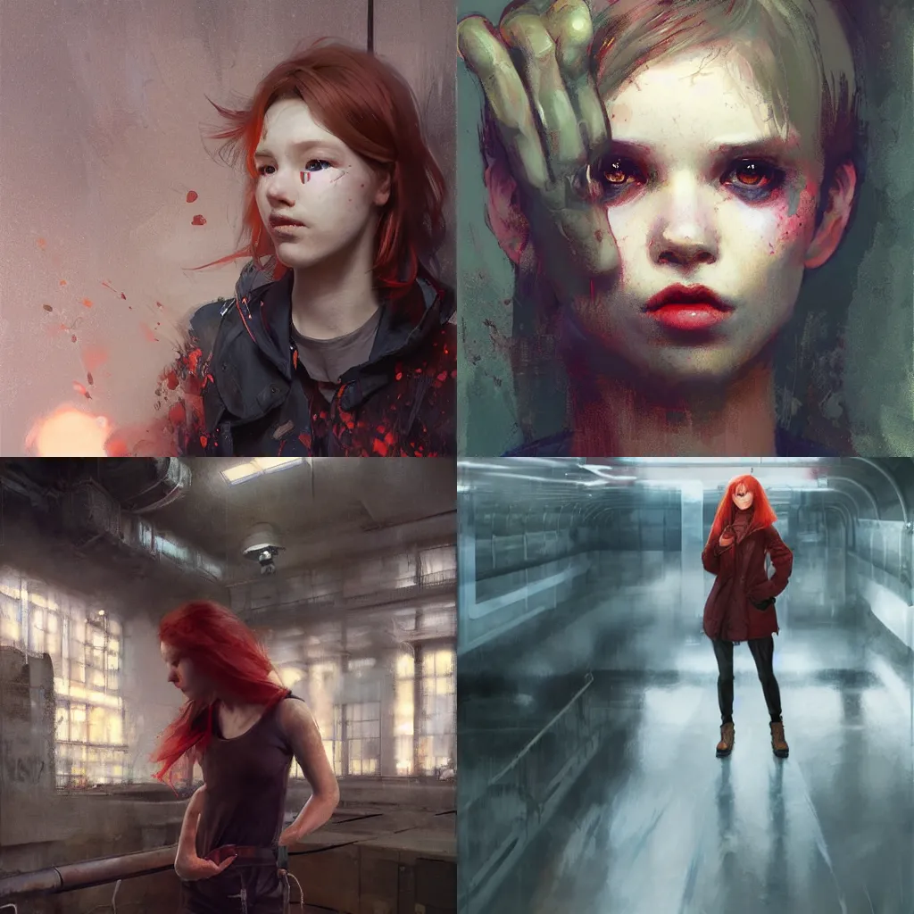 Prompt: red - haired soviet tomboy with one hand twists time in an underground industrial space by yoshitakab amano, by greg rutkowski, by jeremy lipkinng, by artgerm, digital art, octane rende