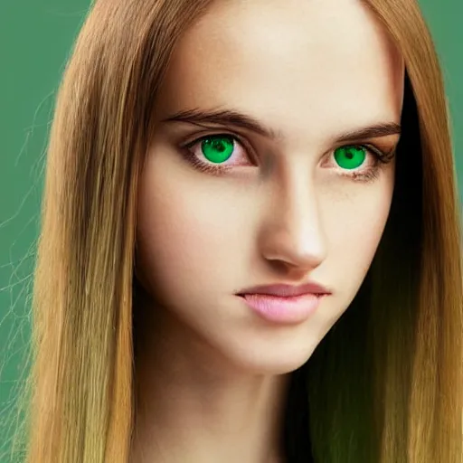 Image similar to brunette with long dyed blonde hair, 21 years old, 165 cm tall, 50% smaller nose, 30% smaller mouth, round shaped face, big forehead, lop eared, thin eyebrows, green colored eyes, real life photograph