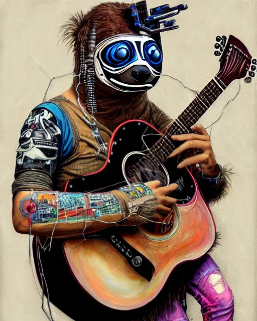 Image similar to a portrait of an anthropomorphic cyberpunk sloth strumming a 1 2 string acoustic guitar by sandra chevrier, by jon foster, detailed render, tape deck, epic composition, cybernetics, 4 k realistic, cryengine, realistic shaded lighting, sharp focus, masterpiece, by enki bilal