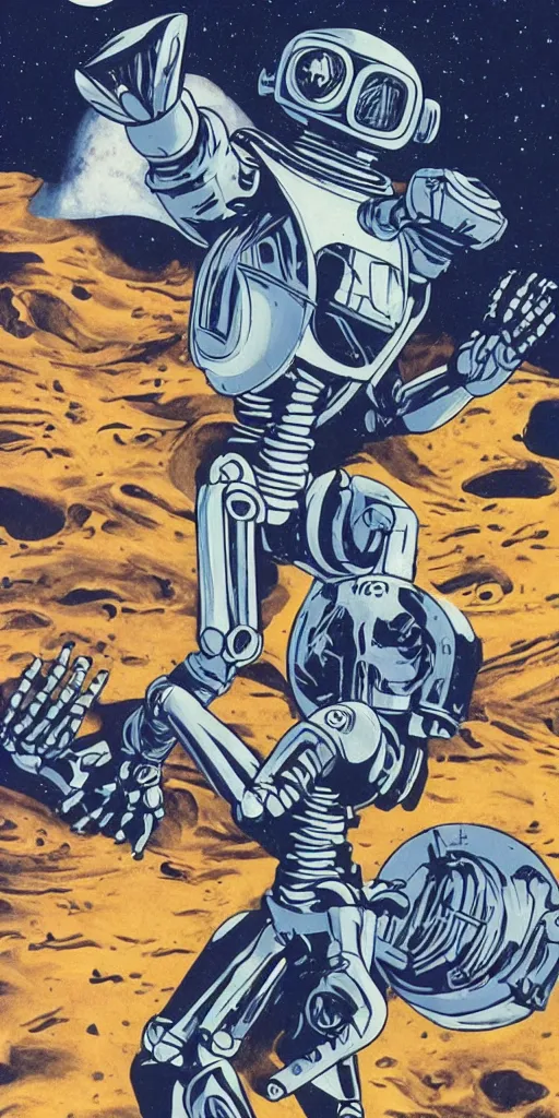 Image similar to retrofuturism, space ranger skeleton robot fighting aliens on the moon of Jupiter