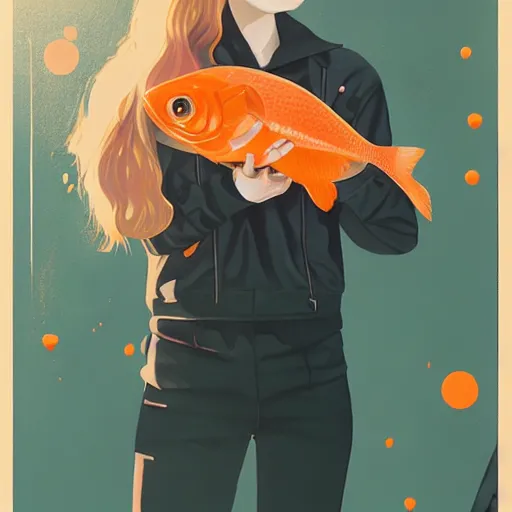 Prompt: Elle Fanning as Solid Snake holding a fish bowl with an orange gold fish inside picture by Sachin Teng, asymmetrical, dark vibes, Realistic Painting , Organic painting, Matte Painting, geometric shapes, hard edges, graffiti, street art:2 by Sachin Teng:4