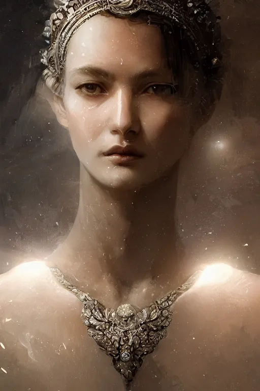 Prompt: greek goddess of ai art, close - up portrait, powerfull, intricate, elegant, volumetric lighting, scenery, digital painting, highly detailed, artstation, sharp focus, illustration, concept art, ruan jia, steve mccurry