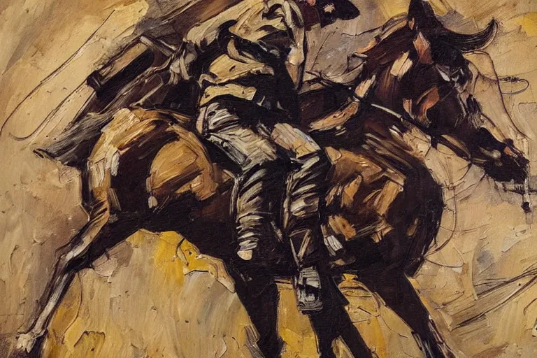 Image similar to an extremely detailed full body masterpiece painting of a cowboy gunslinger from a low angle sitting on his horse, in the style of frank auerbach, epic scene, tensive mood and action, muted colors