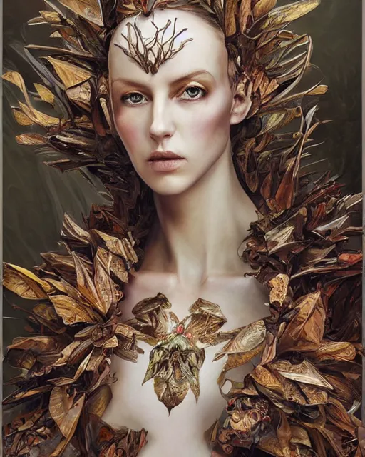 Prompt: Beautiful and frightening high elf queen wearing high fashion made of wood and leaves from Alexander McQueen and Iris Van Herpen, hyperrealistic masterpiece painted by Jaime Jones, Jana Schirmer, Artgerm and Alphonse Mucha