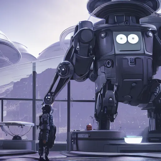 Image similar to friendly robot in front of a clean white sci-fi dome in a pleasant urban setting, peaceful, majestic, a sense of hope, in style of apex legends, art station, ultra hd, soft light, overhead sun, ultra hd, art station