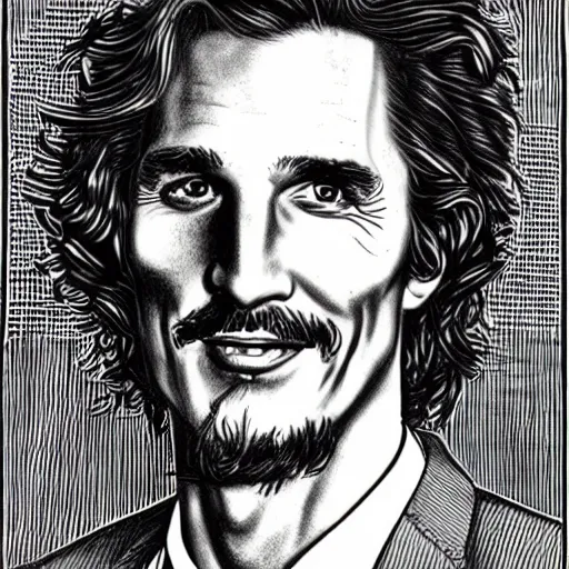 Image similar to a portrait drawing of Mathew McConaughey drawn by Robert Crumb