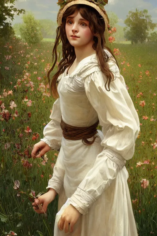 Image similar to beautiful cottagecore young peasant maiden, innocent, intricate, elegant, highly detailed, digital painting, artstation, concept art, smooth, sharp focus, illustration, art by artgerm and greg rutkowski and alphonse mucha